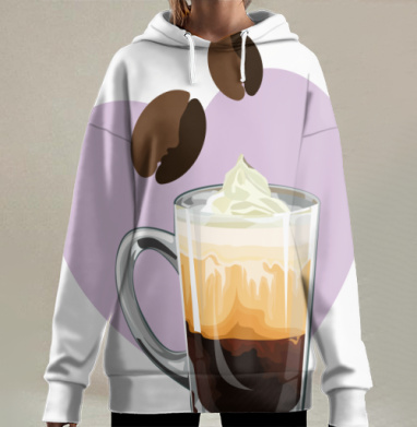 Ароматный кофе со сливками и зернами в сердце, Hoodie Long Oversize 3D