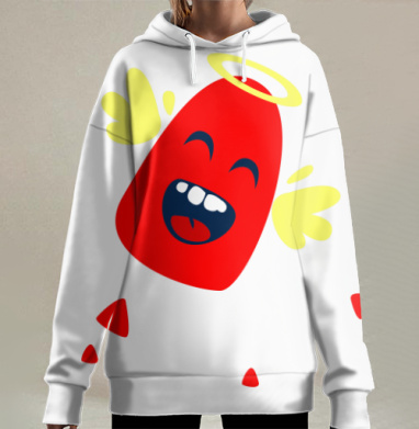 Веселый ангел сладость в ярко красном с желтыми крыльями и нимбом, Hoodie Long Oversize 3D
