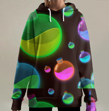 Алхимические колбы с яркой жидкостью эффектное освещение, Hoodie Long Oversize 3D