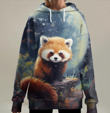 Пушистая малая панда на фоне полной луны, Hoodie Long Oversize 3D