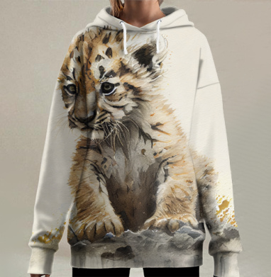 Маленький тигренок сидит задумчиво на камне маленький тигренок, Hoodie Long Oversize 3D