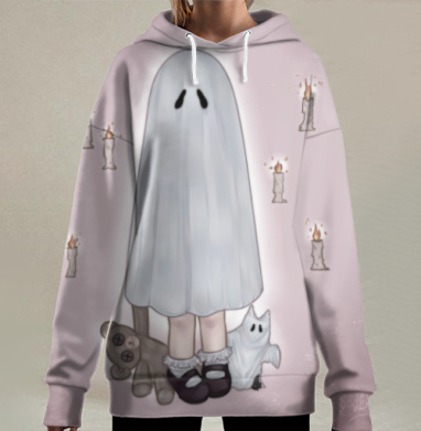 Ребёнок в костюме приведении среди свечей и друзей детской фантазии, Hoodie Long Oversize 3D