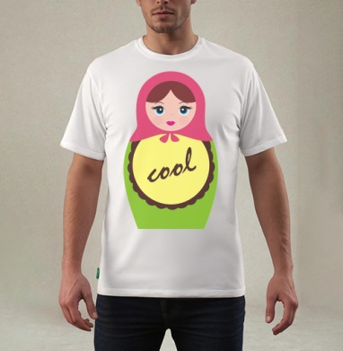 Матрешка с надписью «cool» в ярких цветах, Футболка мужская REGULAR белая