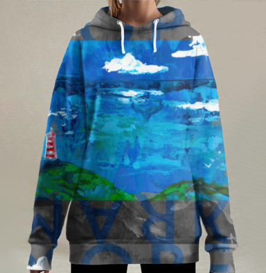 Светящийся маяк на зелёном холме у синего океана в глубине моря, Hoodie Long Oversize 3D