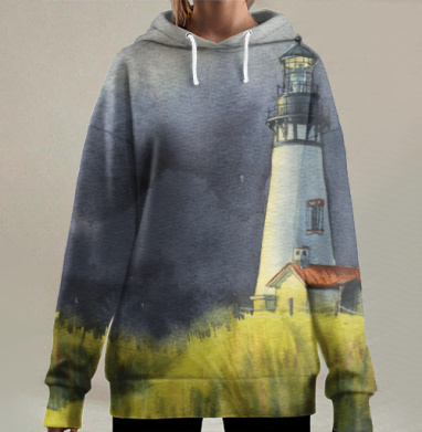 Акварельный маяк на холме под штормовым небом, Hoodie Long Oversize 3D