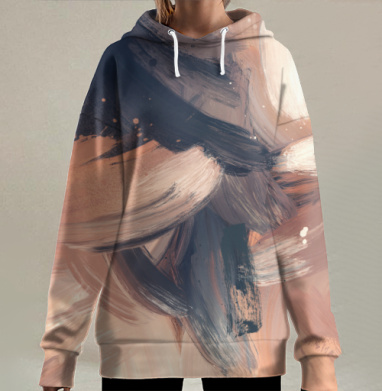 Динамичное смешение теплых оттенков с контрастным темно-синим на полотне, Hoodie Long Oversize 3D