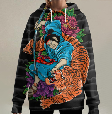 Самурай и тигр: мощь и гармония в японском стиле, Hoodie Long Oversize 3D