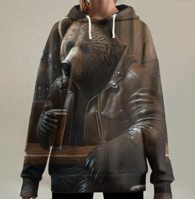 Медведь в кожаной куртке с пивом в баре, Hoodie Long Oversize 3D