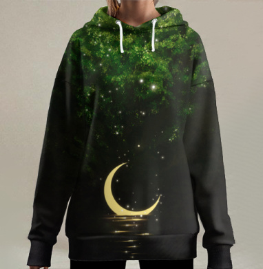 Сказочные золотистые деревья над водой светящийся лунный пейзаж, Hoodie Long Oversize 3D
