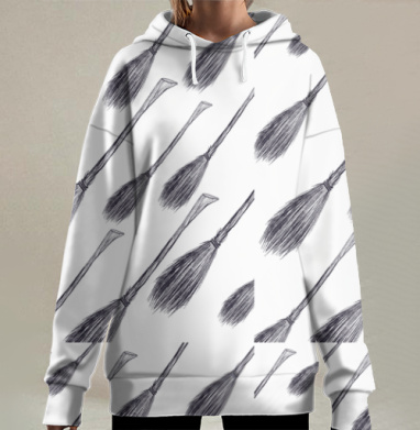 Черные метлы на сером фоне простой повторяющийся узор, Hoodie Long Oversize 3D