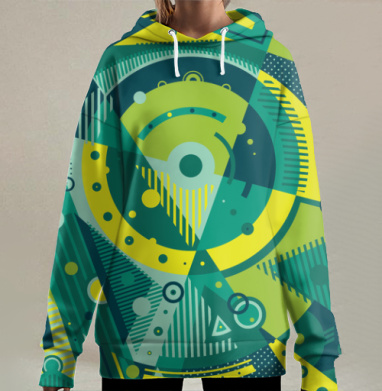 Геометрическая динамика в зелёных и жёлтых тонах, Hoodie Long Oversize 3D