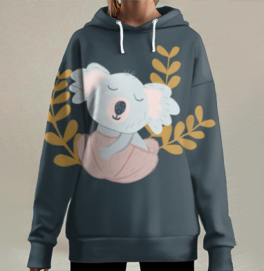 Уютная голубая коала с подушкой на листьях, Hoodie Long Oversize 3D