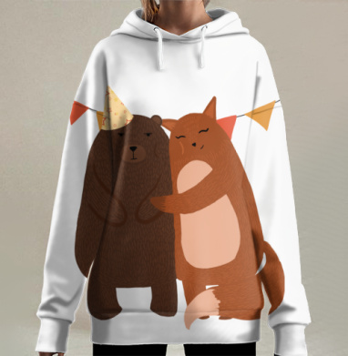 Коричневый медведь и рыжая лиса обнимаются, Hoodie Long Oversize 3D