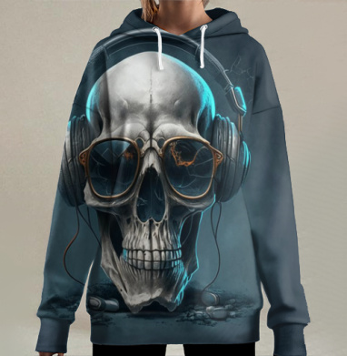 Мрачный череп в очках и наушниках слушает музыку меломан, Hoodie Long Oversize 3D