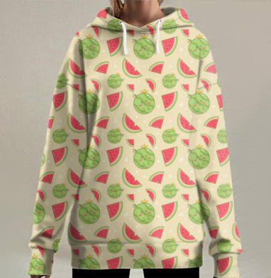 Веселые арбузы и дыни с лицами на беже для детей, Hoodie Long Oversize 3D