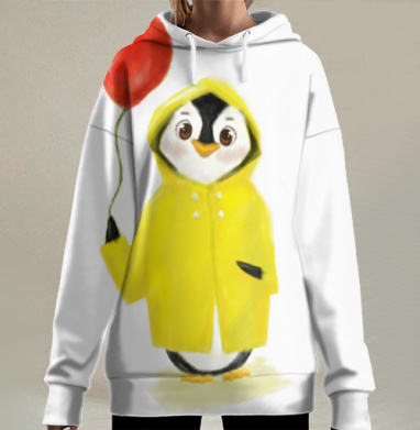 Пингвин в желтом дождевике с красным шариком милота и защита, Hoodie Long Oversize 3D