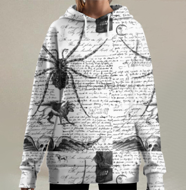Мистический черно белый паук старинная гравюра с надписями, Hoodie Long Oversize 3D