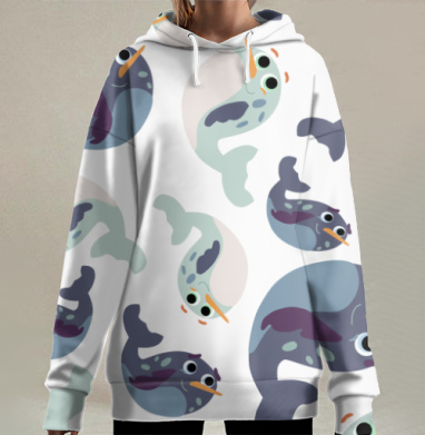 Мультяшные нарвалы на сером фоне, Hoodie Long Oversize 3D