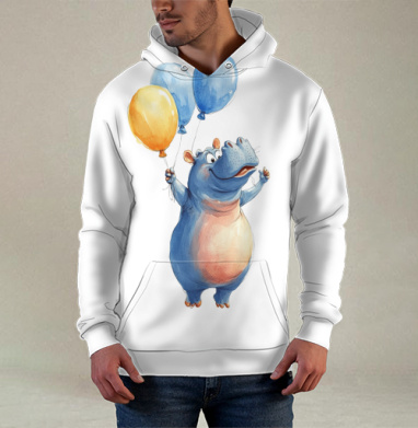 Watercolor Blue Hippo with Balloons / Акварельный бегемот с шариками, Худи / Мужская / С карманом / 3D