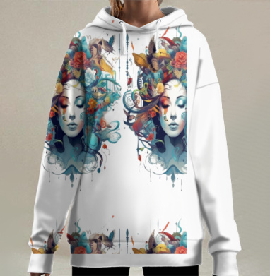 Женское лицо с птицами и цветами в живых оттенках, Hoodie Long Oversize 3D