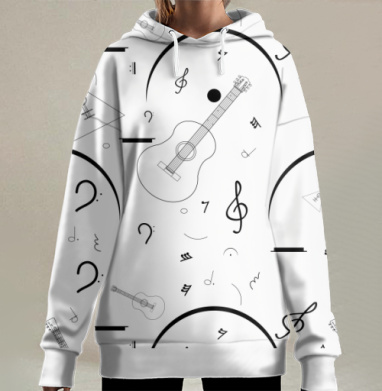 Монохромные музыкальные инструменты ноты минимализм, Hoodie Long Oversize 3D