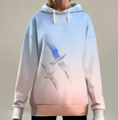 Свобода полёт птиц над морем закатом, Hoodie Long Oversize 3D