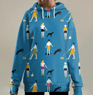 Женщины с собаками на прогулке синий фон повторяющиеся фигуры, Hoodie Long Oversize 3D