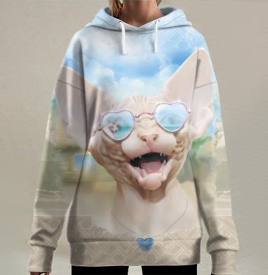 Сфинкс в очках-сердечках на фоне лета, Hoodie Long Oversize 3D