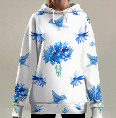 Нежные голубые цветы и птички акварелью летят вверх, Hoodie Long Oversize 3D