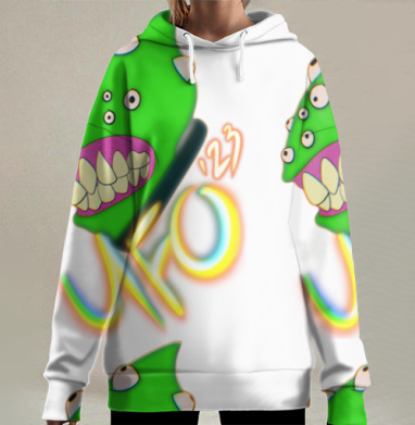 Ярко зеленая голова с глазами и зубами с надписью JOXO 123, Hoodie Long Oversize 3D