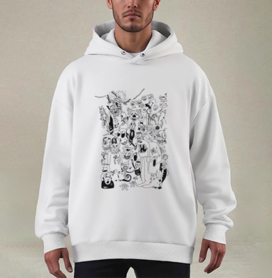 Хаотичный сюрреалистичный дудл арт с лицами на желтом фоне - Купить мужские худи оверсайз mono Размер_бонусов в Москве, цена мужских худи оверсайз mono  с прикольными принтами - магазин дизайнерской одежды Maryjane