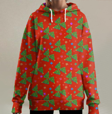 Зеленые Ёлки с Подарками на Красном Фоне Новый Год, Hoodie Long Oversize 3D