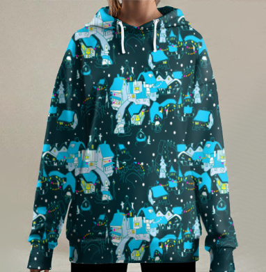 Веселые старые дома со снежинками и огнями в канун Рождества, Hoodie Long Oversize 3D