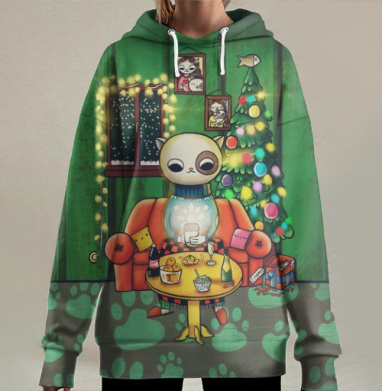 Кот в Новогоднем уюте с телефоном и подарками, Hoodie Long Oversize 3D