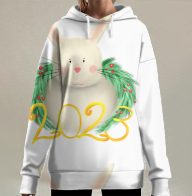 Кролик венок Новый год 2023, Hoodie Long Oversize 3D