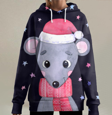 Мышонок в новогоднем колпаке и шарфе, Hoodie Long Oversize 3D