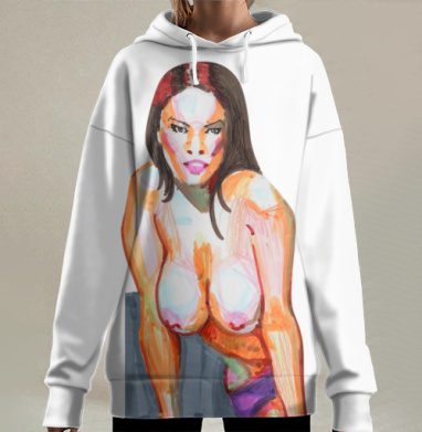Обнажённая модель в динамичной позе с яркими оттенками телесного, Hoodie Long Oversize 3D