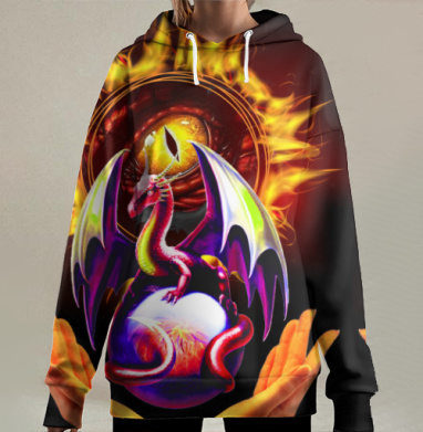 Красный дракон на шаре с огненным глазом в руках, Hoodie Long Oversize 3D