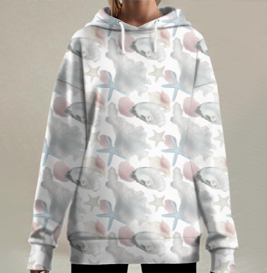 Нежные подводные раковины морские звезды бесшовный паттерн, Hoodie Long Oversize 3D