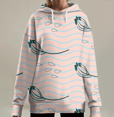 Пастельные волны и темно зеленые цветы на розовом фоне, Hoodie Long Oversize 3D