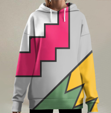 Яркое динамическое столкновение геометрических фигур на сером фоне, Hoodie Long Oversize 3D