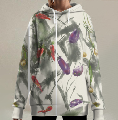 Акварельные овощи в китайском стиле гармония свежести живых овощей, Hoodie Long Oversize 3D