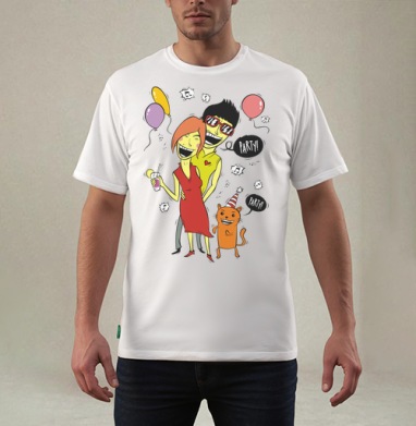 Pop art вечеринка / Party с женщиной мужчиной и рыжим котом PARTY ТУСУЕМСЯ - Магазин футболок urteco - Дизайнерские принты