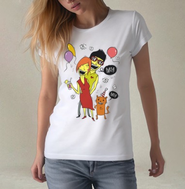 Pop art вечеринка / Party с женщиной мужчиной и рыжим котом PARTY ТУСУЕМСЯ, Футболка женская белая 180гр