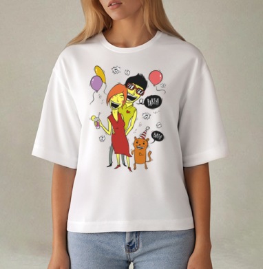 Pop art вечеринка / Party с женщиной мужчиной и рыжим котом PARTY ТУСУЕМСЯ, Футболка женская оверсайз Mido
