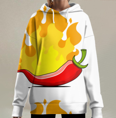 Ярко красный острый перец с огнём вектор, Hoodie Long Oversize 3D
