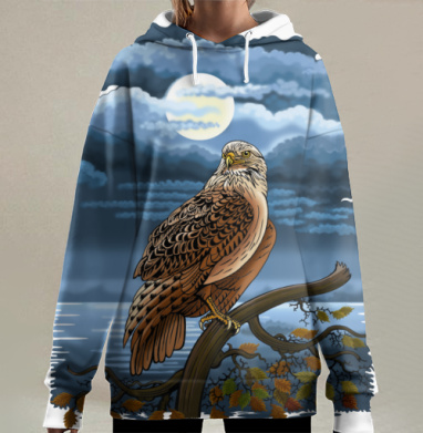 Ночная птица на ветке под луной – Ночная птица на ветке, Hoodie Long Oversize 3D