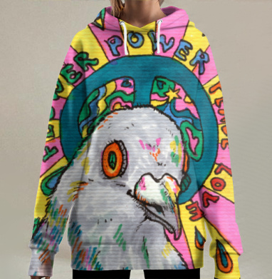 Яркий психоделический арт с голубем мира и пацификом, Hoodie Long Oversize 3D