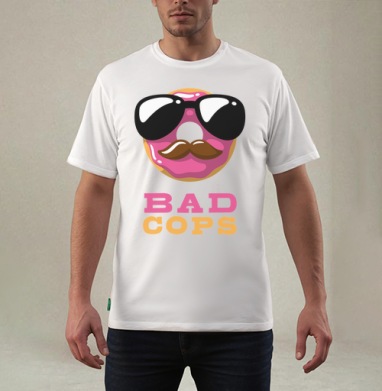 Стилизованный принт BAD COPS с пончиком и усами, Футболка мужская REGULAR белая