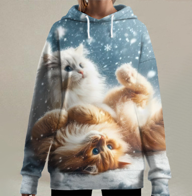 Пушистые игривые котята наслаждаются зимой, Hoodie Long Oversize 3D